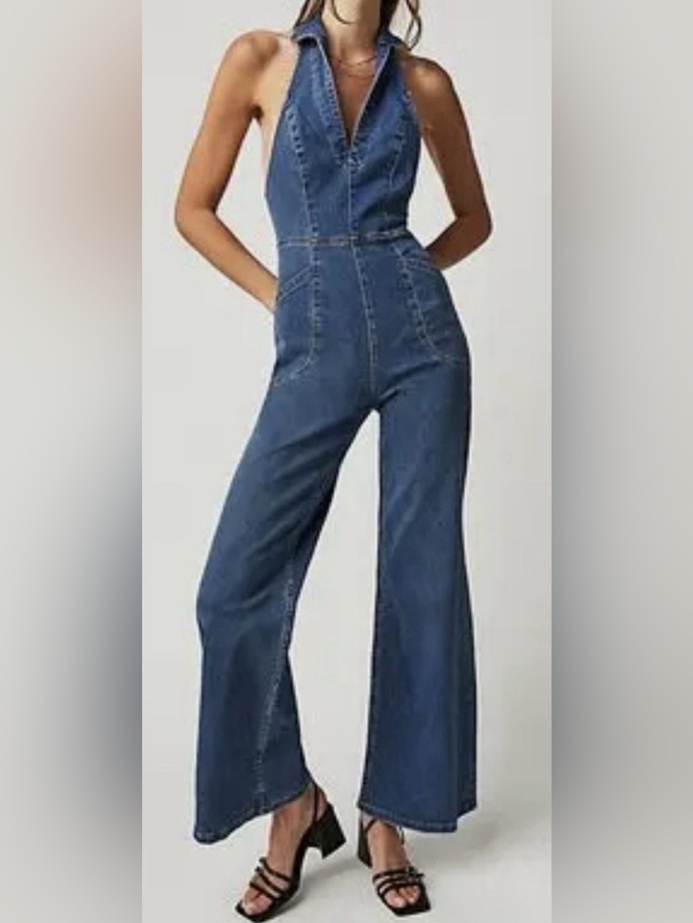 We The Free Sweet Thing Denim Flare Jumpsuit Halter Boho Festival Med *Read* - Picture 4 of 16